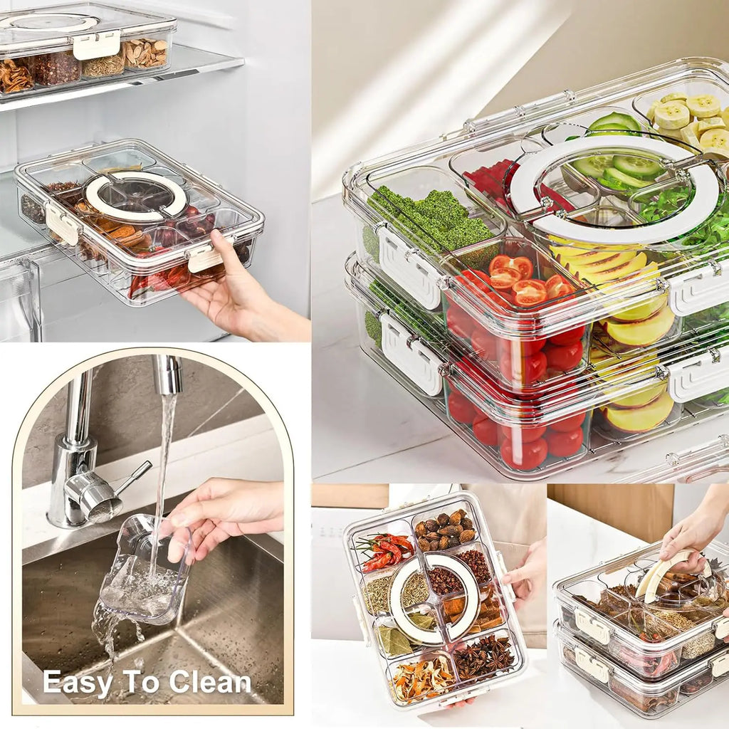 Veggie Tray with Lid and Handle, Divided Serving Tray, Snack Spinner, Portable Snackle Boxs for Candy Fruits Nuts, Clear Fridge