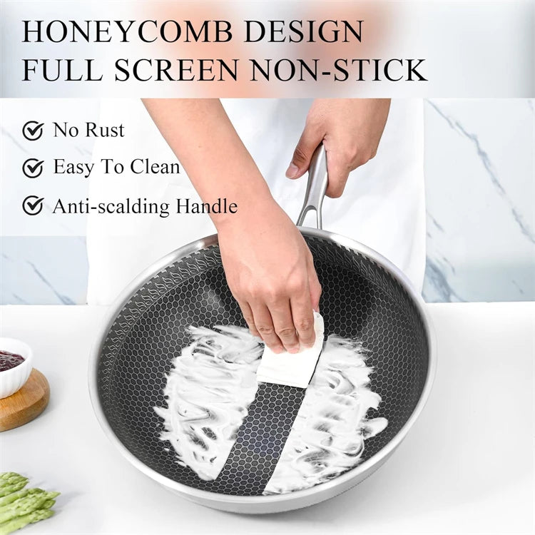 316 Stainless Steel Wok Pan Nonstick Honeycomb Wok Pan Large Deep Stir Frying Pan Skillet With Handle Induction Compatible JT560