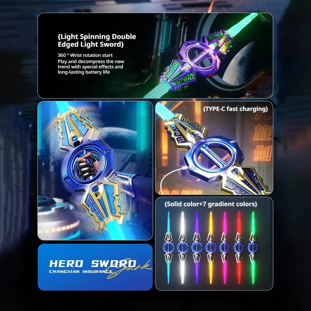 Light Up Sword Double-Edged Rotating Retractable Lightsaber Super Cool Toy USB Charging Birthday Gift