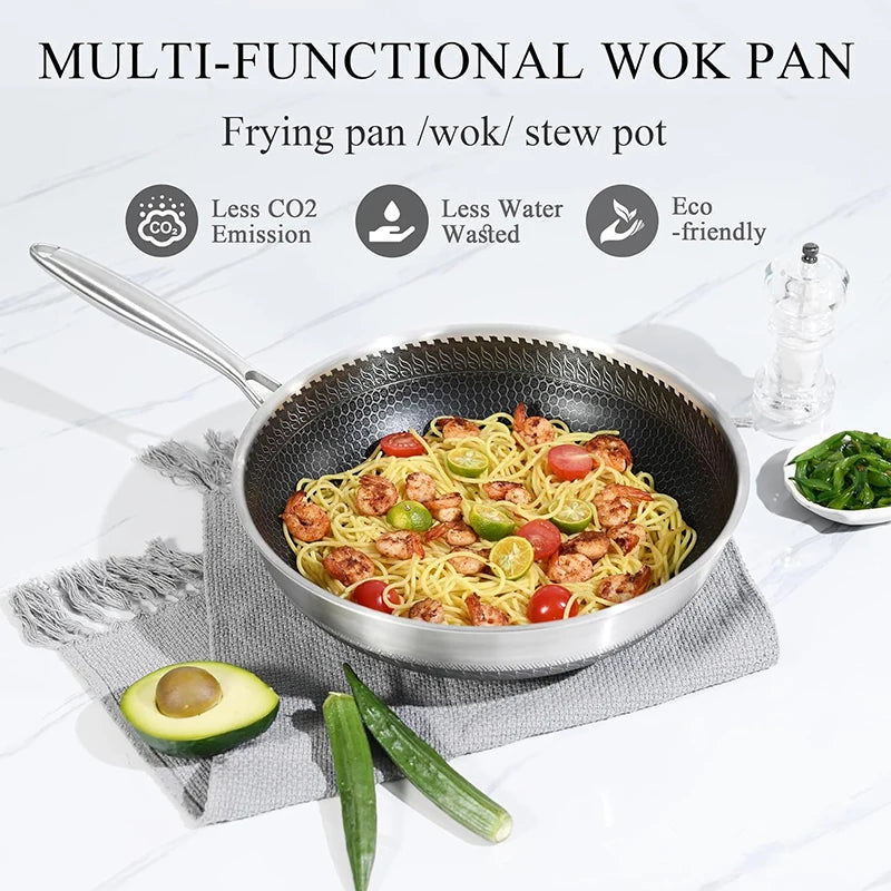 316 Stainless Steel Wok Pan Nonstick Honeycomb Wok Pan Large Deep Stir Frying Pan Skillet With Handle Induction Compatible JT560