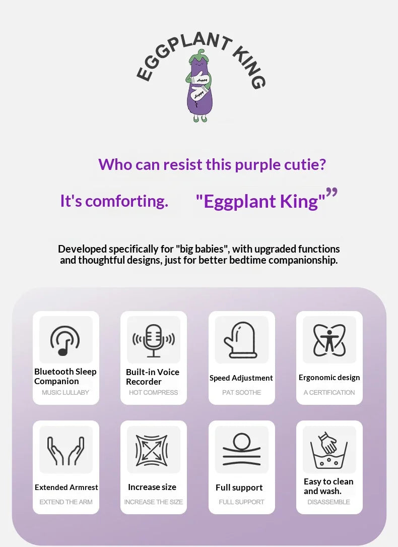 Zhimengren Eggplant Sleep Pillow Bluetooth Music Remote Control Adjustable Patting Plush Toy For Adults Pregnant Women Girls