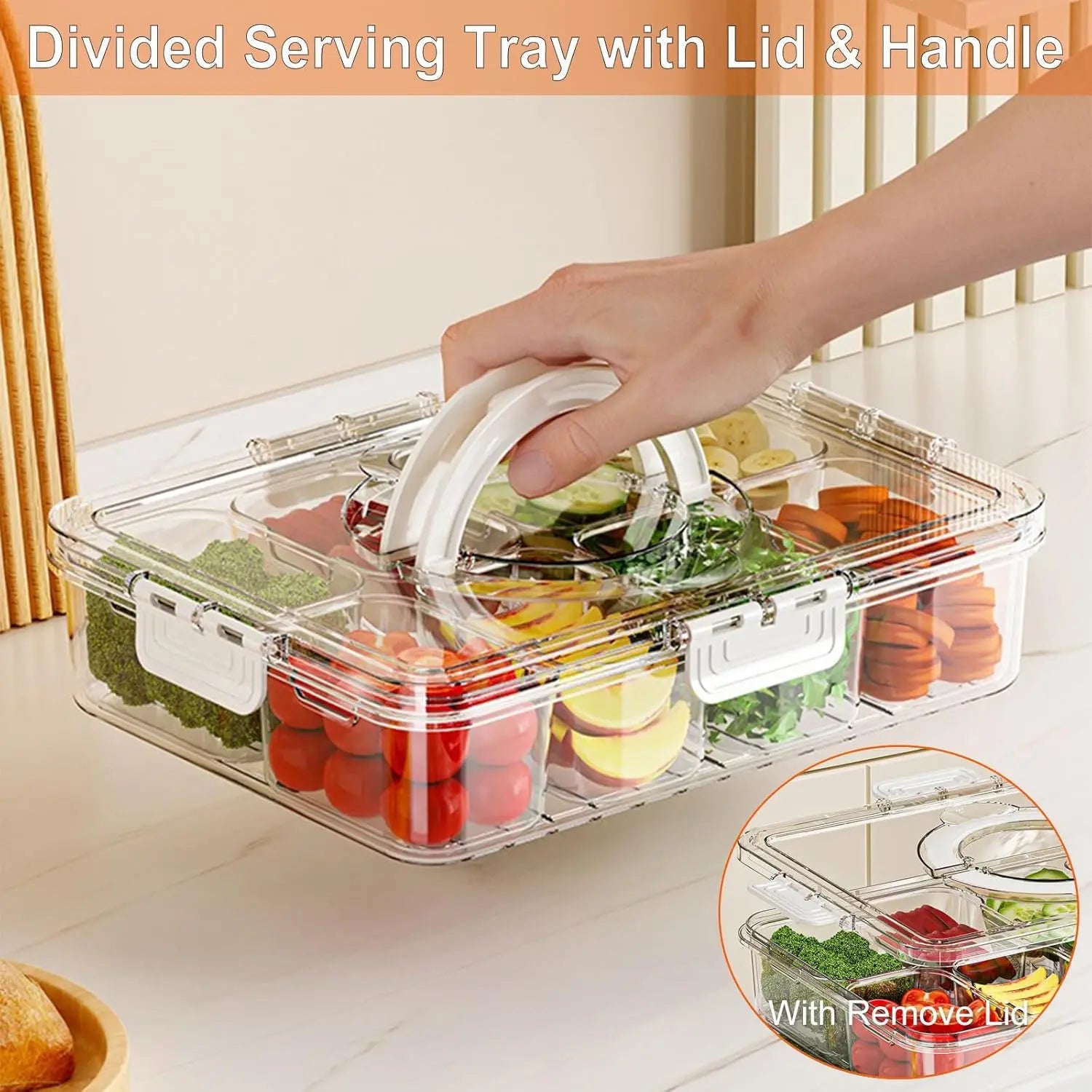 Veggie Tray with Lid and Handle, Divided Serving Tray, Snack Spinner, Portable Snackle Boxs for Candy Fruits Nuts, Clear Fridge