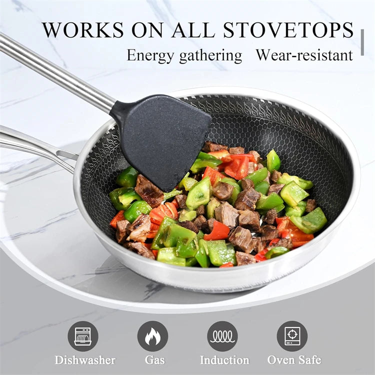 316 Stainless Steel Wok Pan Nonstick Honeycomb Wok Pan Large Deep Stir Frying Pan Skillet With Handle Induction Compatible JT560
