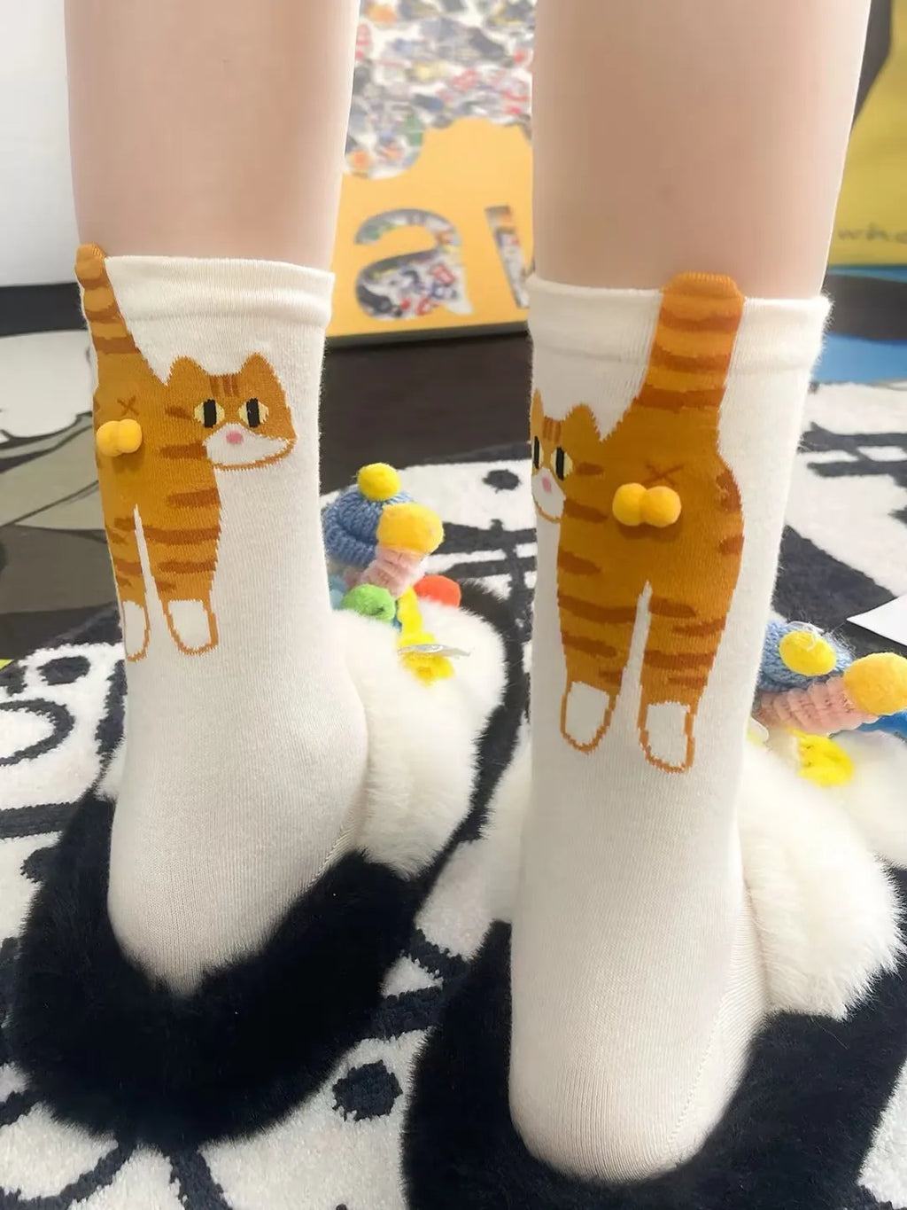 3D Cute Cat Socks Black/White Funny Cat Socks Breathable Soft Girl Women Novelty Stocking Kawaii Gift Sock Set