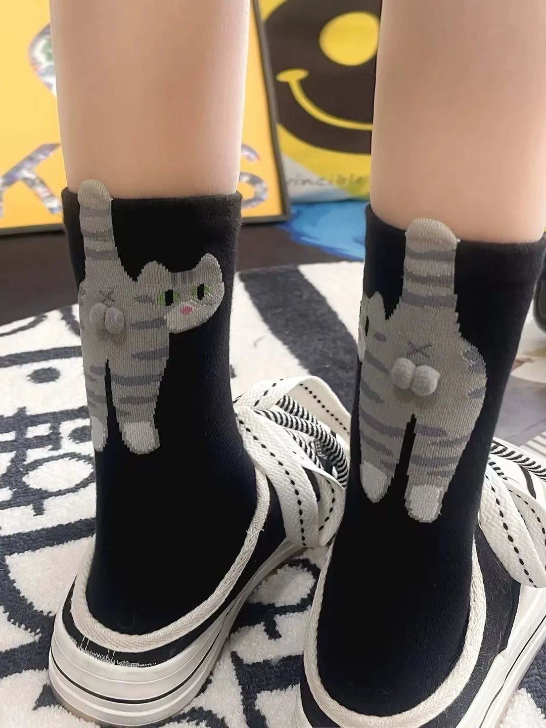 3D Cute Cat Socks Black/White Funny Cat Socks Breathable Soft Girl Women Novelty Stocking Kawaii Gift Sock Set