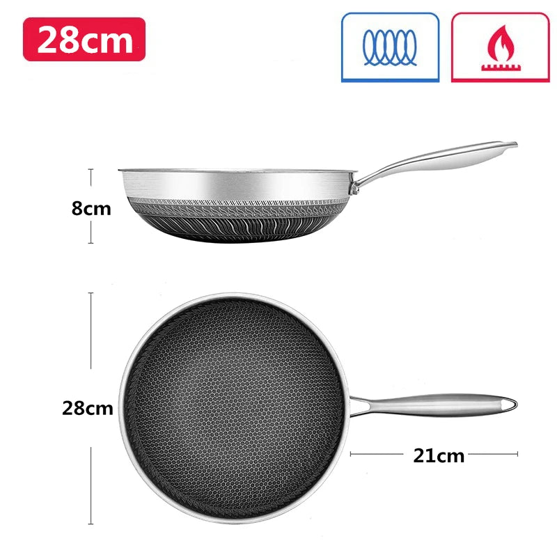 316 Stainless Steel Wok Pan Nonstick Honeycomb Wok Pan Large Deep Stir Frying Pan Skillet With Handle Induction Compatible JT560