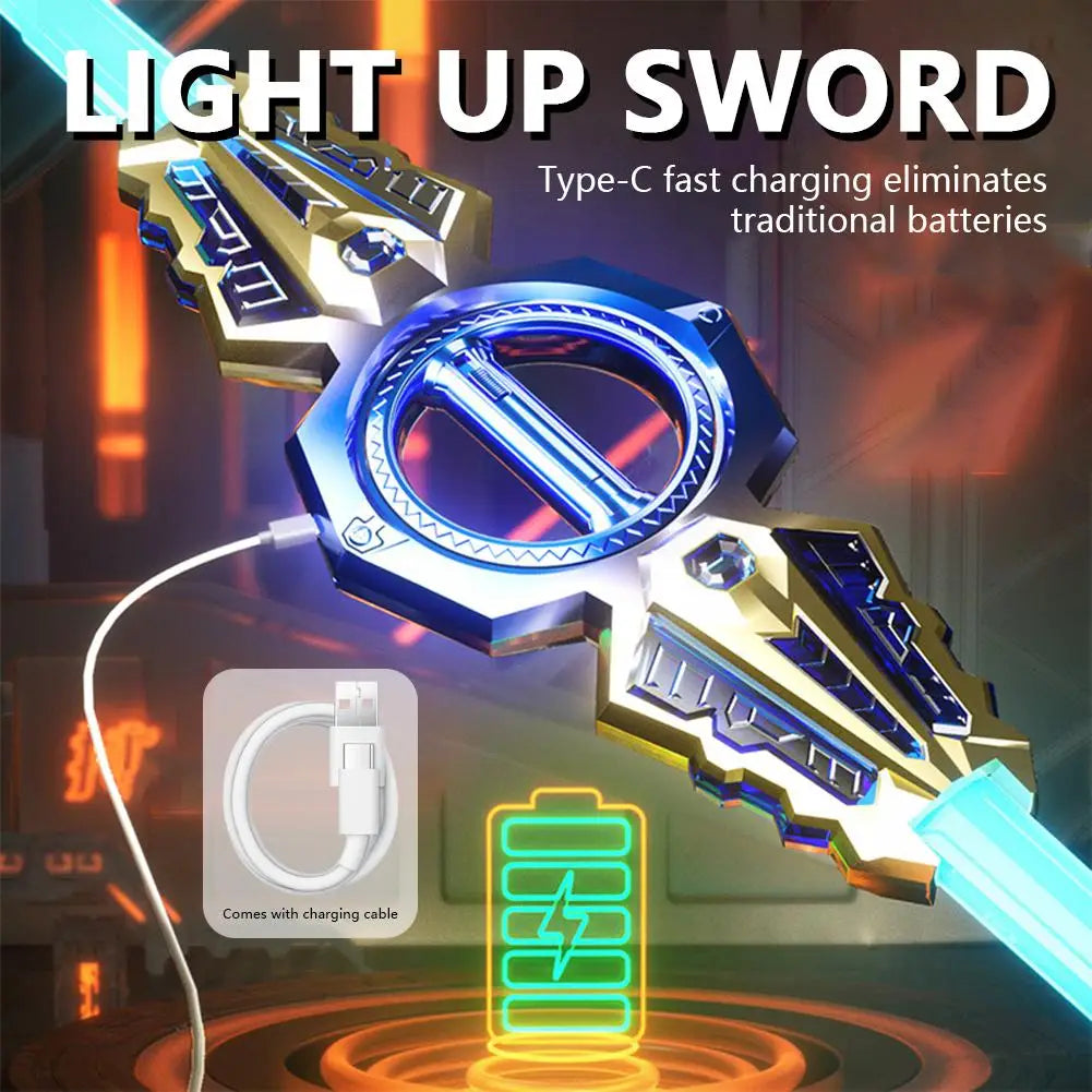 Light Up Sword Double-Edged Rotating Retractable Lightsaber Super Cool Toy USB Charging Birthday Gift