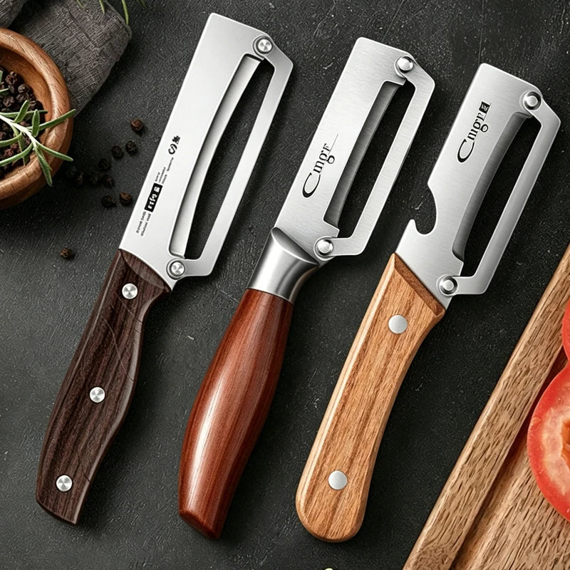Kitchen Peeler Stainless Steel Multi-Function Kitchen-Specific Peeler for Slicing Fruit and Vegetables with Wooden/ Steel Handle