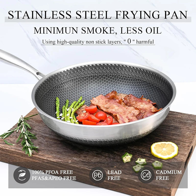 316 Stainless Steel Wok Pan Nonstick Honeycomb Wok Pan Large Deep Stir Frying Pan Skillet With Handle Induction Compatible JT560
