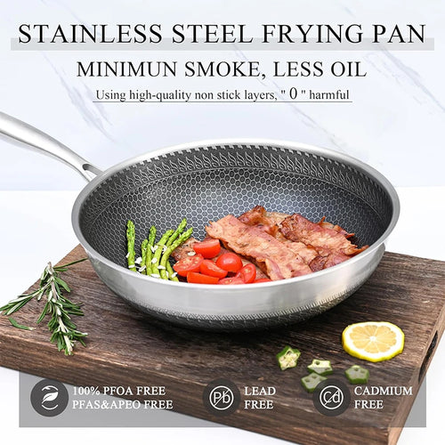 316 Stainless Steel Wok Pan Nonstick Honeycomb Wok Pan Large Deep Stir Frying Pan Skillet With Handle Induction Compatible JT560