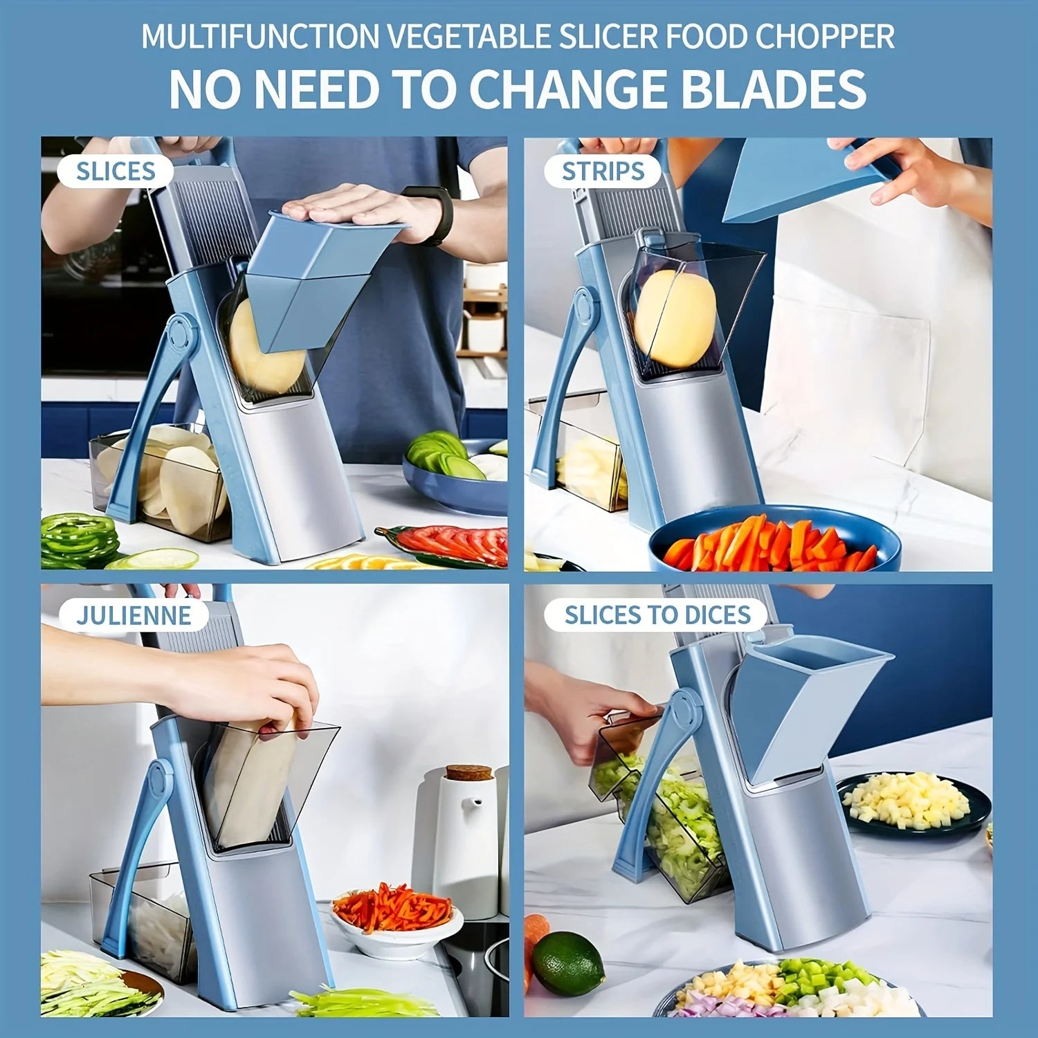 Safe Vegetable Slicer Adjustable Vegetable Chopper with 4 Modes Dicer, Julienne Kitchen Chopping Artifact (SkyBlue)