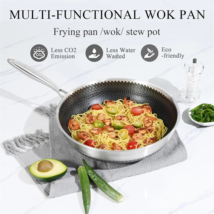 316 Stainless Steel Wok Pan Nonstick Honeycomb Wok Pan Large Deep Stir Frying Pan Skillet With Handle Induction Compatible JT560